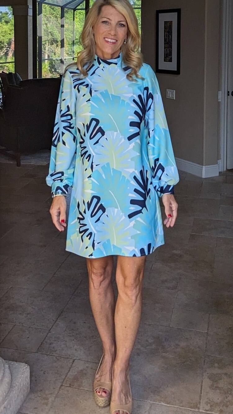 SAIL TO SABLE Blue Palm Tree High Neckline Mock Neck Mini Dress Size 8
